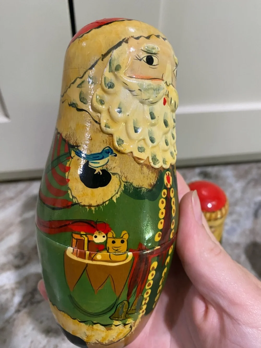 Vintage Hand-Painted Russian Santa Nesting Dolls Set - Green and Red